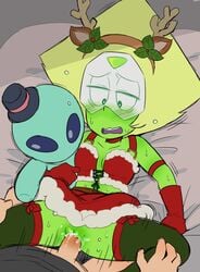 alien blush christmas clothed clothed_sex clothing cum cum_in_pussy dress gnome-no green_skin missionary peridot_(steven_universe) shaved_pussy steven_universe tagme unseen_male_face vaginal_penetration