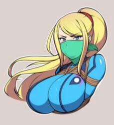 1girls bimbo blonde_hair blue_eyes blush bodysuit bondage breast breasts cloth_gag female femsub gag gagged jam-orbital looking_at_viewer lowres metroid nintendo over_the_nose_gag ponytail rope samus_aran scarf_over_mouth solo tied_up zero_suit_samus