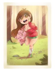 1girls braces brown_eyes brown_hair cleavage clothed clothing disney disney_channel gravity_falls headband hmeme mabel_pines mud open_mouth photo pig straight_hair teeth thick_thighs tongue waddles watermelon