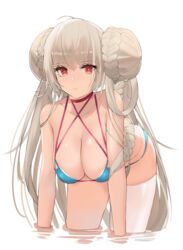 1girls azur_lane bent_over big_breasts breasts cleavage female formidable_(azur_lane) grey_hair hair_buns in_water j@ck red_eyes standing_in_water swimsuit tagme water