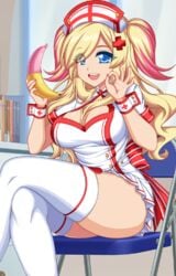 1girls accurate_art_style banana blanche_(crush_crush) blonde_hair blue_eyes breasts condom crush_crush female female_focus female_only fully_clothed game_cg long_hair looking_at_viewer nurse nurse_cap nurse_uniform nutaku ok_sign plump sad_panda_studios thighhighs twintails two_tone_hair