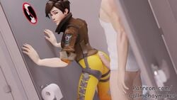 1boy 1girls 3d against_wall animated big_penis blender blue_nails brown_eyes brown_hair buttjob callmehaymaker clothed ear_piercing female hotdogging looking_back male moaning overwatch pale-skinned_female pale-skinned_male pale_skin penis piercing sex short_hair sound straight toilet tracer video