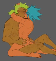 2boys anus ass blue_hair closed_eyes cookie_run dino-sour_cookie eyebrow_piercing gay green_hair gross_piggy guiche_piercing kissing kiwi_cookie male male_on_male male_only nude_male perineum pierced_nipples piercing ponytail punk romantic taint yaoi