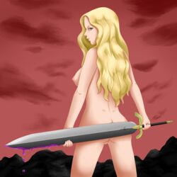 ass blonde_hair bookmarkphantom breasts claymore grey_eyes large_breasts long_hair looking_at_viewer looking_back nipples nude nude_female on_back pussy silver_eyes sword teresa_(claymore) thighs wavy_hair weapon