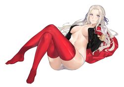 1girls cape covering edelgard_von_hresvelg eye_contact feet female fire_emblem fire_emblem:_three_houses garreg_mach_monastery_uniform j@ck jacket long_hair nintendo no_bra no_shirt panties purple_eyes red_thighhighs ribbons simple_background solo_female stockings underwear white_background white_hair