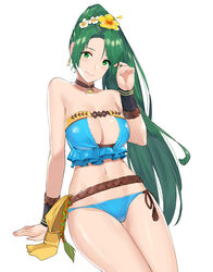 1girls absurdres armbands bare_shoulders bikini blue_bikini blush breasts brown_choker center_opening choker earrings fire_emblem fire_emblem:_the_blazing_blade fire_emblem_heroes flower green_eyes green_hair hair_flower hair_ornament highres invisible_chair j@ck jewelry large_breasts long_hair looking_at_viewer lyn_(fire_emblem) lyn_(summer)_(fire_emblem) navel official_alternate_costume ponytail rope sash shimenawa simple_background sitting smile solo strapless strapless_bikini swimsuit very_long_hair white_background