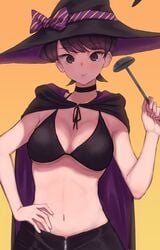 1girls alternate_costume artist_request bikini_top black_hair breasts cosplay crop_top hat impossible_clothes komi-san_wa_komyushou_desu komi_shuuko large_breasts looking_at_viewer midriff milf navel pants revealing_clothes short_hair smile solo takita witch witch_hat