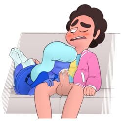 1:1 1boy 1girls blowjob blue_hair blue_skin clothed clothing cum cum_in_mouth fellatio female hand_on_ass mannysdirt orientation_play panties sapphire_(steven_universe) steven_quartz_universe steven_universe