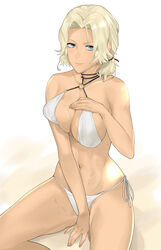 1girls beach bikini blonde_hair blue_eyes breasts catherine_(fire_emblem) dark-skinned_female dark_skin female female_only fire_emblem fire_emblem:_three_houses hair_ribbon highres j@ck long_hair looking_at_viewer medium_breasts navel nintendo ribbon simple_background smile solo solo_female sweat swimsuit tan_skin white_background