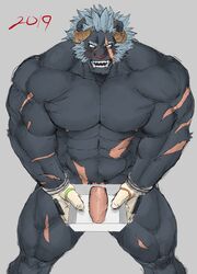 1boy abs anthro bara dick_in_a_box erection felid giantspacetiger hi_res horn krampus_(tokyo_afterschool_summoners) lion male male_only mammal muscular muscular_male nipples nude pantherine pecs penis scar solo_male tokyo_afterschool_summoners tora_gy tusks video_games