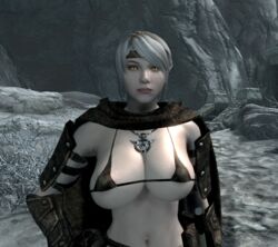 1girls 3d bandana bikini_armor bikini_top breasts cd_projekt_red ciri cleavage crossover female large_breasts outdoors pendant scar screencap short_hair skyrim smile snow the_elder_scrolls the_witcher_(series) the_witcher_3:_wild_hunt white_hair witch yellow_eyes