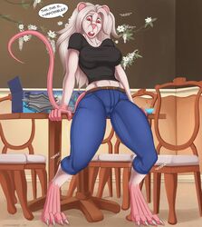 anthro catchabird gender_transformation growth huge_breasts human_to_anthro inside leaning_on_table long_hair mtf_transformation pink_eyes rat species_transformation transformation trembling white_fur