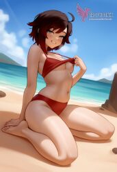 1girls 2d ai_generated ass back barefoot beach beachball big_ass big_breasts bikini black_bikini day erophoenix feet female gradient_hair looking_at_viewer looking_back multicoloured_hair nipple_slip nipples outdoors pale_skinned_female patreon_username red_hair ruby_rose rwby short_hair sitting sky smile soles solo swimsuit two-tone_hair umbrella uncensored