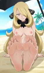 1girls 2025 adult ai_generated beach blonde_hair breasts creatures_(company) cynthia_(pokemon) day erect_nipples evil_grin evil_smile feet female female_focus female_human female_human_feet flying_spirit foot_fetish foot_focus game_freak gray_eyes hair_between_eyes human human_only long_hair looking_at_viewer mature_female medium_breasts naked naked_female naughty_face nintendo nude nude_female outdoors palm_tree pokemon pokemon_dppt sand sea seaside silver_eyes sitting soles sun toes umbrella white_skin white_skinned_female