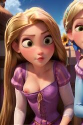 2girls ai_generated blonde_hair blue_sky blurry blush breasts collarbone day depth_of_field dress flower freckles gloves green_eyes long_hair multiple_girls nipples puffy_sleeves siblings sky small_breasts