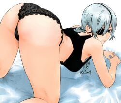 big_ass black_panties crop_top eyepatch isuke_now lace-trimmed_panties looking_at_viewer presenting_hindquarters quanxi_(chainsaw_man) white_hair