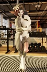 absurd_res big_breasts big_penis blender_(artwork) blender_cycles bodily_fluids bovid breasts caprine digital_media_(artwork) female flexing genitals goat gym hi_res intersex intersex/female mammal mereo penis selfie solo stella_(dayumboai) sweat taking_picture