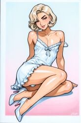 1boy ai_generated arm_support arms_behind_back blonde_hair border bow bow_ribbon brown_eyes bulge crossdressing curtained_hair earrings eyelashes femboy frilled_dress gradient_background high_heels jimojo legs_together lingerie lipstick looking_at_viewer male medium_hair minidress nightgown off_shoulder pearl_earrings pinup platinum_blonde_hair shiny_skin sitting solo solo_male stable_diffusion strap_slip thick_eyebrows white_border white_clothing white_shoes white_underwear