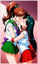 2females 2girls 2women ai_generated bishoujo_senshi_sailor_moon black_hair black_hair_female blush brown_hair brunette closed_eyes clothed clothed_female female female/female female_only girl_on_girl height_difference lesbian_couple lesbian_focus lesbian_kiss makoto_kino multiple_girls rei_hino sailor_jupiter sailor_mars sailor_senshi_uniform wholesome wholesome_yuri yuri