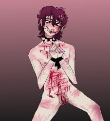 1boy blood blood_drip bruise bruise_on_face cuts hairy hairy_pussy killer_chat male nosebleed ronin_beaufort tdick tied_hands top_surgery_scars transmasc