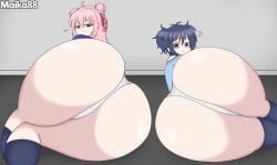 2girls ass_bigger_than_body ass_bigger_than_head big_ass big_butt blue_eyes blue_hair confused confused_face confused_look female femenine happy_sugar_life koube_shio maika88 massive_ass massive_butt matsuzaka_satou panties panties_around_leg pink_eyes pink_hair provocative provocative_pose showing_ass showing_off_ass