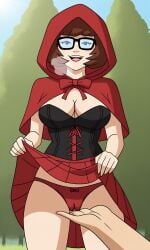 ai_generated ass bigmic145 breasts capelet cartoon_network cleavage corset cosplay female hood panties red_hair red_riding_hood red_riding_hood_(cosplay) scooby-doo scooby-doo!_mystery_incorporated sexually_suggestive skirt tease teasing velma_dinkley velma_dinkley_(mystery_incorporated)
