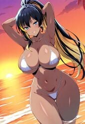 1girls ai_generated arms_up beach bikini black_hair blue_eyes breasts female female_only goddess_of_victory:_nikke hair_between_eyes large_breasts noise_(nikke) ponytail smile sunrise tan-skinned_female tan_skin two-tone_hair yellow_hair