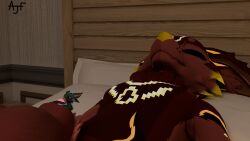 absurd_res animal_genitalia anthro bed blender_(artwork) bodily_fluids deuzear digital_media_(artwork) duo furniture genitals hi_res in_sheath jetface5000 male male/male pixel_(bypixel25) sheath sleeping zach_(jetface5000)