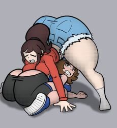 2girls ass ass_focus baseball_cap bent_over big_ass big_breasts breasts brown_eyes brown_hair butt_crack closed_eyes clothed elma_(oc) female female_focus female_only from_behind huge_ass jean_shorts no_panties ponytail short_hair shorts smile supremebone tai-pot_(kejohndrawing) thick thick_ass thick_thighs tomboy