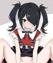 1boy ame-chan_(needy_girl_overdose) black_eyes black_hair blush dress female hair_ornament hair_over_one_eye hairclip highres implied_sex inami_(x_spidekawaii_x) long_hair looking_at_viewer male needy_girl_overdose nose_blush out-of-frame_censoring paid_reward_available pov ribbon shirt sleeveless solo_focus spread_legs straight sweat twintails vaginal_penetration white_shirt