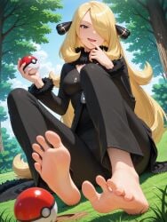 1girls ai_generated barefoot blonde_hair clothed clothed_female clothing cynthia_(pokemon) feet female female_only foot_fetish foot_focus game_freak light-skinned_female light_skin nintendo outdoors outside pokemon pokemon_bdsp pokemon_dppt public soles solo solo_female solo_focus toes