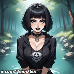 ai_generated artist_name bangs black_hair black_hoodie black_lips blue_eyes blunt_bangs bob_cut breasts cleavage collar collarbone day earrings eyeliner eyeshadow female goth goth_girl gothic hi_res high_resolution hood hoodie jewelry large_breasts lily_(vexnflex) lipstick looking_at_viewer makeup mascara medium_breasts nature outdoors piercing shirt short_hair solo spiked_choker spiked_collar spikes upper_body vexnflex water watermark