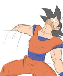 1boy animated animated_gif beige_skin black_hair dragon_ball dragon_ball_z erection_under_clothes funsexydragonball gif head_tilt male male_only palmetto_hair precum precum_through_clothing pulsing son_goku tan_skin