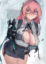 armor artist_name black_gloves black_skirt blush breasts button_gap clenched_teeth commentary_request dress_shirt earrings embarrassed female glasses gloves jewelry large_breasts long_hair looking_at_viewer paid_reward_available partially_unbuttoned pencil_skirt pink_eyes pink_hair ring_hair_ornament shirt shoulder_armor skirt solo standing sweatdrop teeth thighs towatowa114 tsukishiro_yanagi variant_set white_shirt zenless_zone_zero