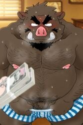 2025 anthro balls beard belly blush bodily_fluids brown_body clothing facial_hair flaccid genitals hi_res kemono male mammal micropenis money moobs musk nipples overweight overweight_male penis scar shibatanukiti small_penis solo_focus suid suine sus_(pig) sweat tusks underwear wild_boar