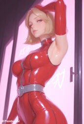 1girl absurd_res ai_generated arm_up armpits artist_name artist_upload belt blonde_hair blue_eyes bodysuit breasts clover_(totally_spies) elbow_gloves gloves hairband hand_on_own_head hi_res latex lips looking_at_viewer medium_breasts more_at_source pandora parted_lips patreon patreon_username red_bodysuit self_upload shiny_clothes short_hair skin_tight smile solo totally_spies uncensored watermark zipper