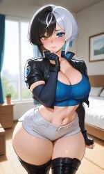 1girls ai_generated belly_button bikini blue_eyes cleavage clothing curvy curvy_figure dark_hair female heterochromia highres hotpants indoors light-skinned_female luna_snow luna_snow_(marvel_rivals) marvel marvel_comics multicolored_hair pinup solo solo_female solo_focus tank_top thick_thighs white_hair yellow_eyes