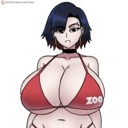 1girls 2025 annoyed bikini black_hair coloredyiddies eyebrow_piercing hoop_earrings lei_(coloredyiddies) massive_breasts mole original original_character red_bikini red_eyes