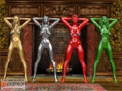 2017 3d 3d_(artwork) 4girls arms_behind_head blank_eyes blank_stare christmas christmas_tree creativeguy59 erect_nipples female female_only fireplace gold_hair green_skin grey_skin hair hi_res high_resolution highres human human_only inanimate_transformation nipple_piercing nipple_piercings nude original ornament petrification pose red_skin smile stockings transformation yellow_hair yellow_skin