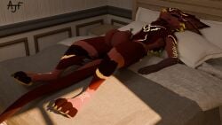 absurd_res anthro bed bedroom blender_(artwork) bodily_fluids deuzear digital_media_(artwork) duo furniture hi_res in_sheath jetface5000 male male/male pixel_(bypixel25) sleeping zach_(jetface5000)