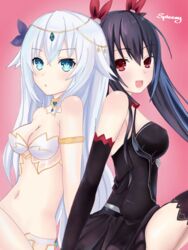 black_hair black_heart blue_eyes cpu_(neptunia) dual_persona goddess hair_ribbon highres long_hair medium_breasts neptunia_(series) noire power_symbol-shaped_pupils red_eyes ribbon ribbons spleeny teal_eyes tsundere white_hair