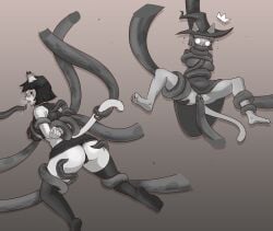 2025 4_toes 5_fingers anthro arms_tied armwear bangs big_breasts blush bob_cut bottomwear bound breast_squeeze breast_squish breasts bulging_eyes cat_witch_(smekbo) cleavage cleavage_cutout clothed clothing crown curling_toes cute_fangs cutout domestic_cat duo elbow_gloves exposed_breasts eye_of_horus fangs feet felid feline felis female fingerless_gloves fingers floating_crown gloves hair halter_top hands_behind_back handwear hat headgear headwear hi_res kamra_(sem-l-grim) leg_tied legwear long_nails magic_user mammal midriff moddedpan monochrome navel no_underwear open_mouth panties penetration restrained restrained_by_tentacles robe short_hair simple_background skirt soles squeezing squish stockings tail tail_tied tan_background teeth tentacle thinking toes tongue tongue_out traditional_media_(artwork) underwear upskirt vaginal_penetration vaginal_penetration wide_eyed witch witch_hat