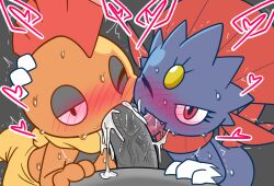 00freeze00 anthro bodily_fluids collaborative collaborative_fellatio collaborative_oral collaborative_sex cum cum_in_mouth cum_inside fellatio generation_4_pokemon generation_5_pokemon genital_fluids genitals group holding_head male male/male nintendo oral penile penis pokemon pokemon_(species) scrafty sex sweat tongue tongue_out weavile
