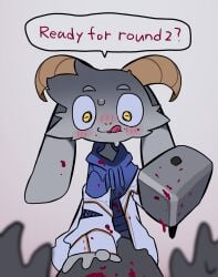 absurd_res anthro blood blood_splatter blue_clothing blue_hoodie blue_topwear blush bodily_fluids bolgogi bottomwear bovid caprine clothed clothing curved_horn digital_media_(artwork) english_text fingers first_person_view fur goat grey_body grey_fur gu_no2 hair hammer hi_res hoodie horn jacket long_ears male mammal rape simple_background solo solo_focus sweat text tongue tongue_out tools topwear weapon white_clothing white_jacket white_topwear yellow_eyes