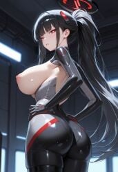 ai_generated alternative_costume alternative_hairstyle ass back bangs black_gloves black_hair blue_archive blunt_bangs blush bodysuit breasts bright_pupils clothing female female female_only from_behind gloves hair_ornament halo hands_on_hips hands_on_own_hips huge_breasts indoors large_breasts long_hair looking_at_viewer looking_back milfhunter228 nipples parted_lips ponytail red_eyes sideboob sidelocks skin_tight solo standing thighs tied_hair tsukatsuki_rio very_long_hair white_pupils