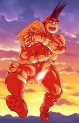 1boy ass backwards_baseball_cap balls bara capcom hunmut male male_only muscular penis rival_schools shoma_sawamura solo sunset tagme video_games worm's-eye_view