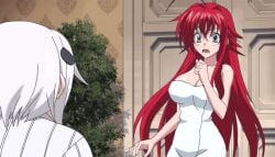 10s 2girls animated animated anime_screenshot blue_eyes blush breasts clothed_female_nude_female demon_girl high_school_dxd large_breasts long_hair multiple_girls naked_towel nipples nude red_hair rias_gremory toujou_koneko towel yuri