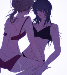 2girls black_hair blush bra brown_hair canon_genderswap female female_only genderswap_(mtf) gintama hair_down hair_over_one_eye halonikoo263745 hickey hickey_marks hijikata_toshiro long_hair okita_sougo okita_souko panties ponytail rule_63 sweat unhooked_bra yuri