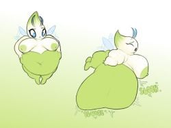2022 belly big_belly big_breasts blue_eyes breasts celebi female generation_2_pokemon huge_belly humanoid legendary_pokemon maniacalfork nintendo nipples obese overweight pokemon pokemon_(species) simple_background solo
