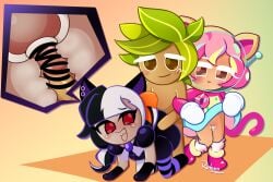 1boy 2girls 2girls1boy alt_girl alternative_fashion arm_gloves arm_support astronaut astronaut_cookie behind_another black_and_white_hair black_gloves blush breeding cat_costume cat_ears cat_girl cat_girls cat_tail censored costume cum_dripping_out_of_pussy cum_in_pussy currant_cream_cookie dick_in_pussy doggy_style donut dress dripping_cum dripping_pussy emo_girl feline female gloves goth goth_girl green_hair harem herb_cookie horny_female internal_view leaf_hair legwear male no_panties no_pants on_knees penetrating penetration penetration_from_behind pink_hair pleasured_face pussy_penetration ribbon rotoko shoes shoes_only shoulder_pads straight straight_sex striped_legwear striped_thighhighs thigh_highs thighhighs threesome vampire_teeth white_legwear